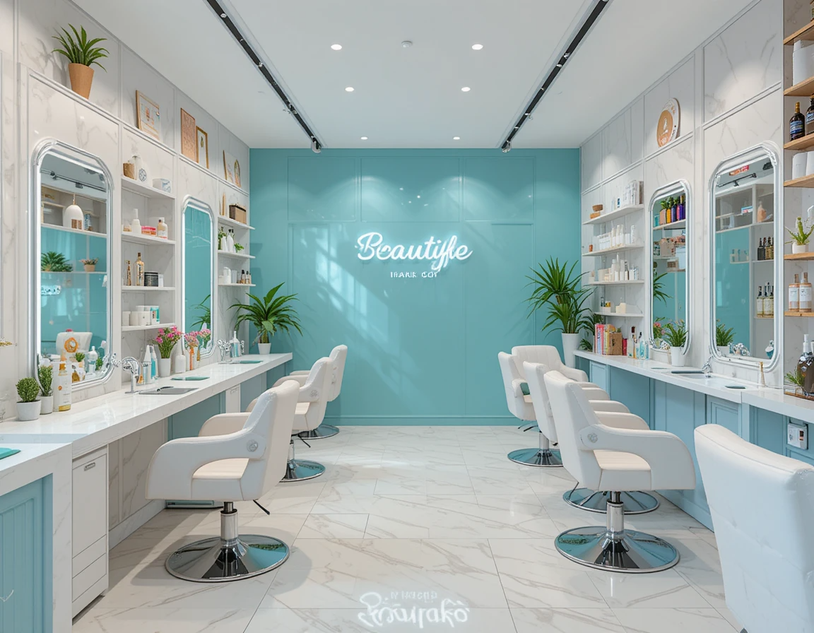 Beauty salon decoration with brand name in different spaces