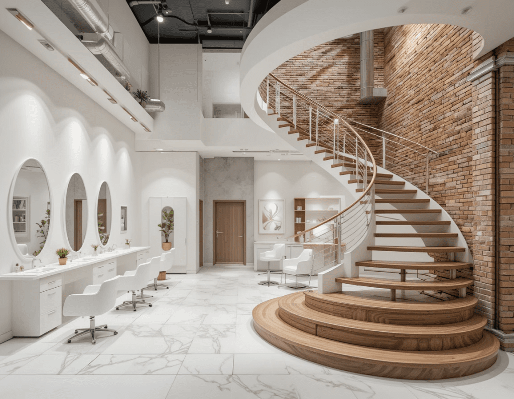 Minimalist beauty salon decoration with white and modern brown brick, a large hall with a height of 6 meters and a round wooden staircase