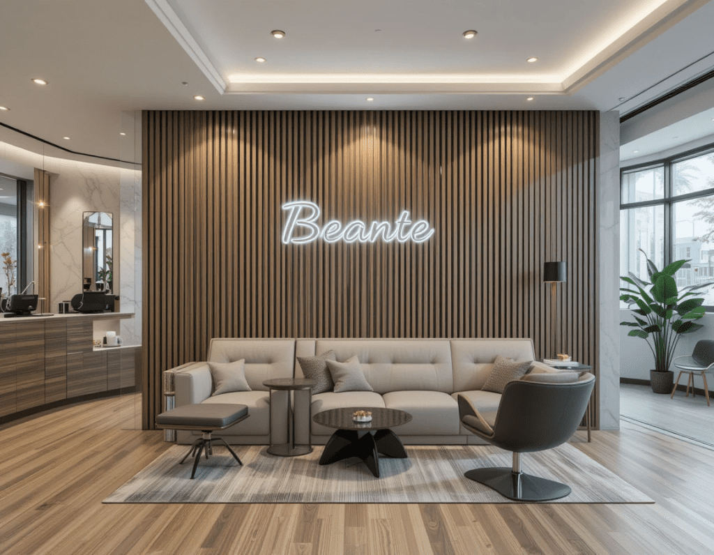 Modern beauty salon decoration with brand name in the waiting area
