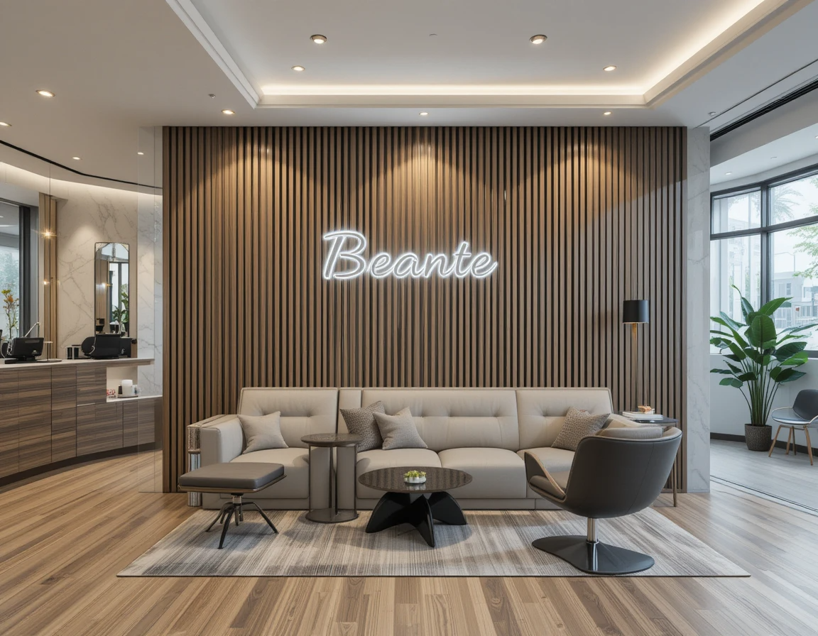 Modern beauty salon decoration with brand name in the waiting area