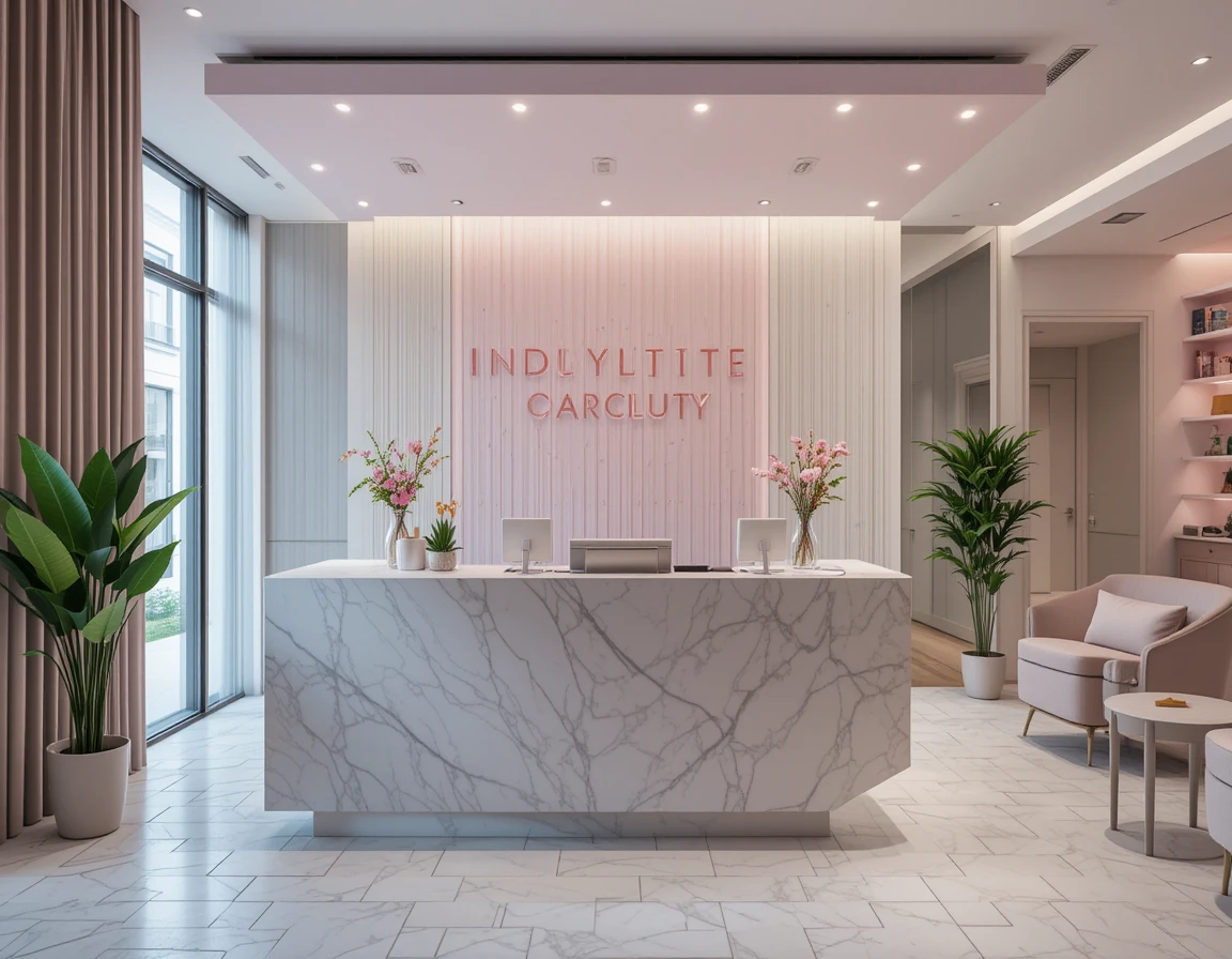 Reception area in a modern beauty salon decoration with a combination of soft pink and gray colors