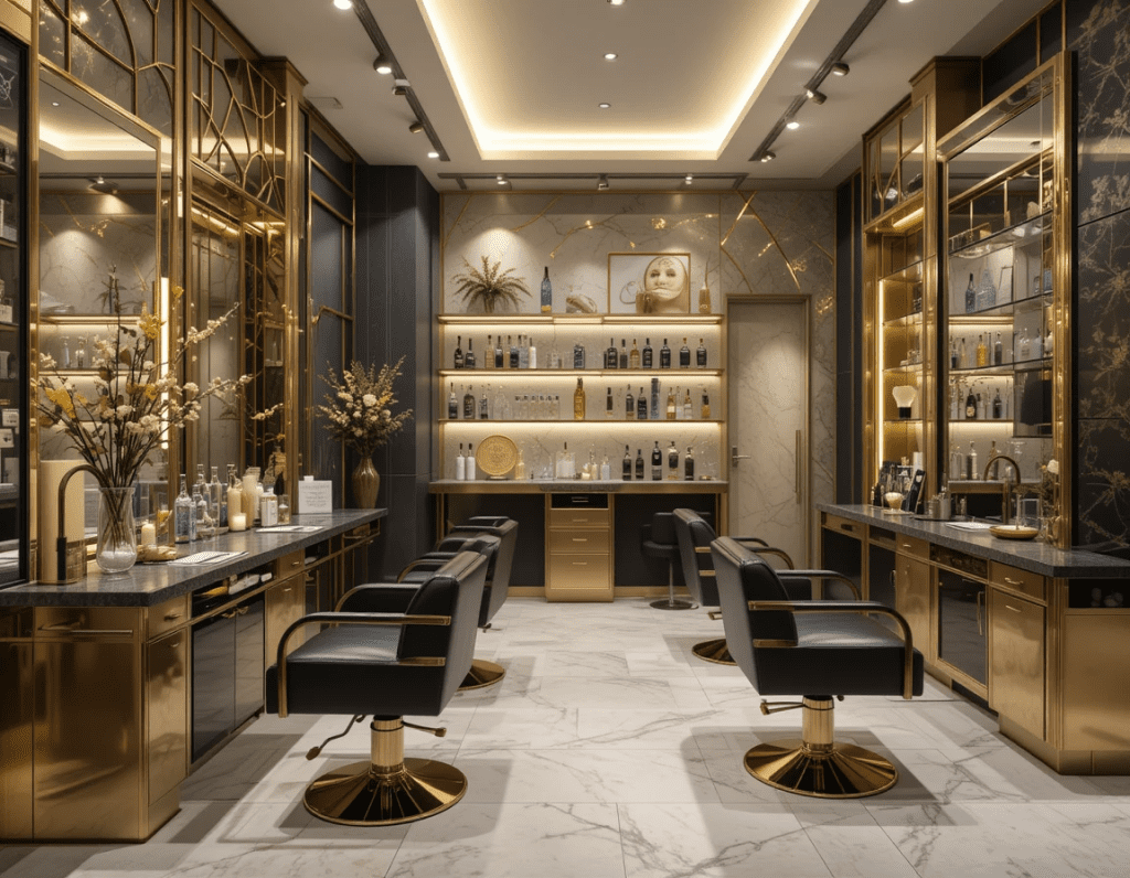 دکوراسیون سالن زیبایی با ترکیب استیل طلایی و چرم مشکی