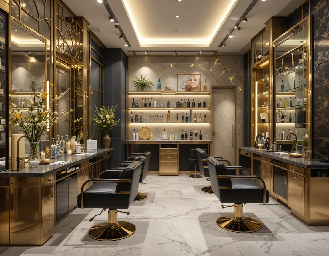 دکوراسیون سالن زیبایی با ترکیب استیل طلایی و چرم مشکی