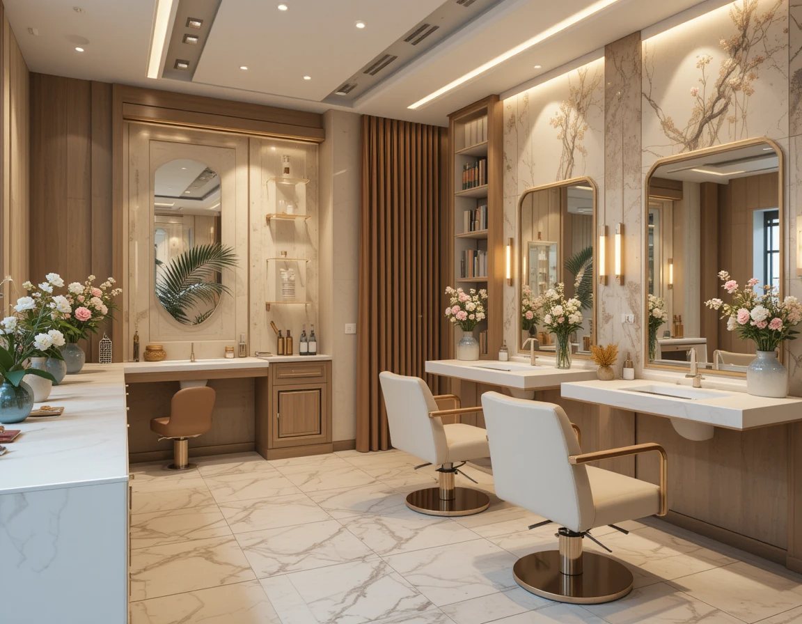 دکوراسیون سالن زیبایی با ترکیب بژ ، قهوه ای و کرم