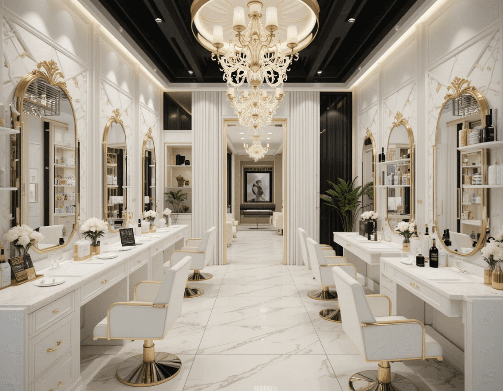 دکوراسیون سالن زیبایی با ترکیب رنگ های سفید ، طلایی و مشکی