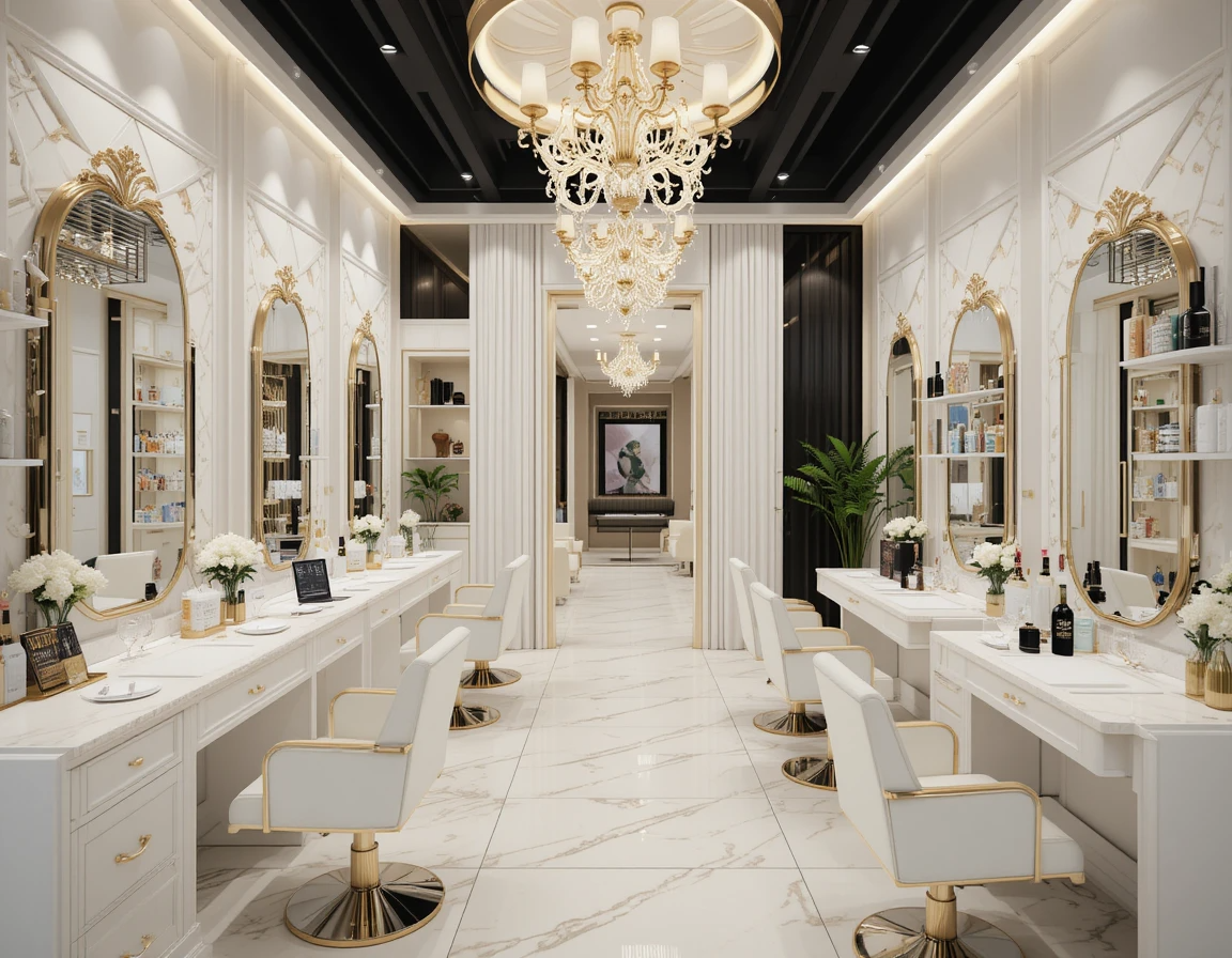 دکوراسیون سالن زیبایی با ترکیب رنگ های سفید ، طلایی و مشکی