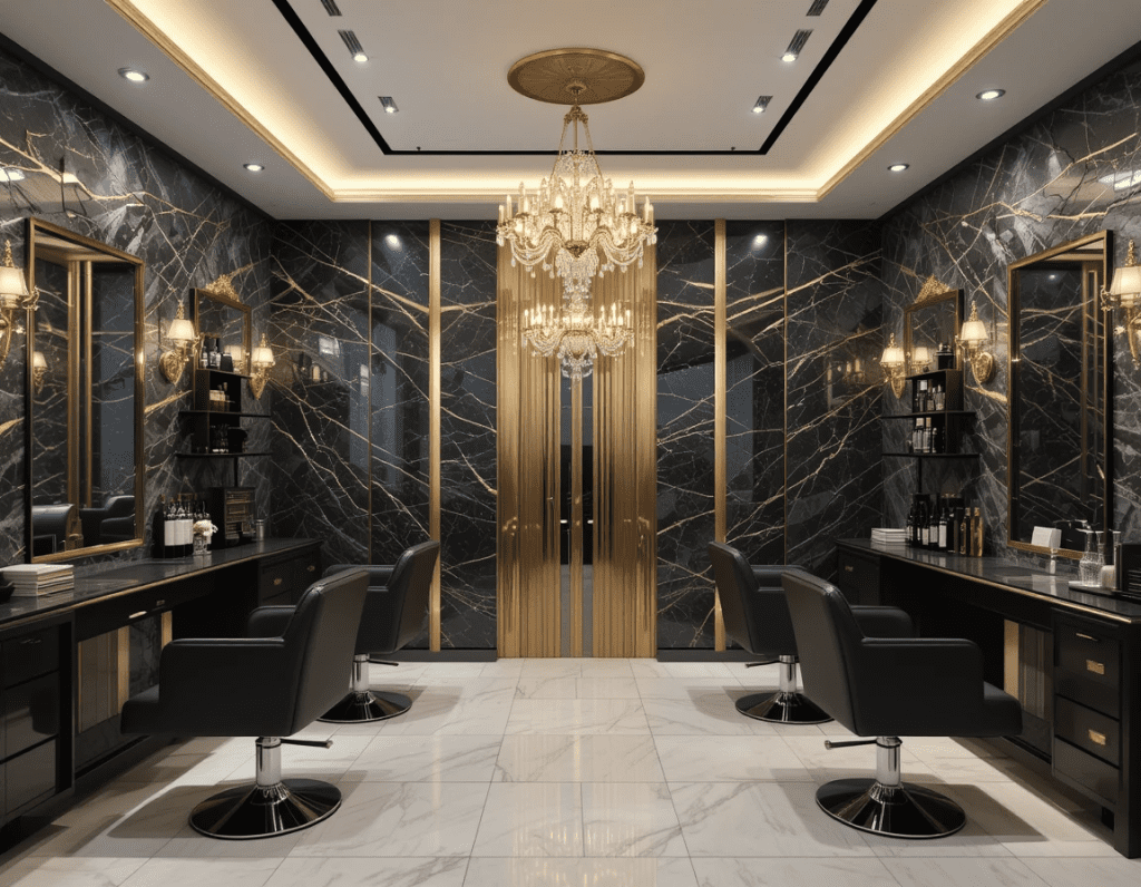 دکوراسیون سالن زیبایی با ترکیب سنگ مشکی و نوارهای طلایی