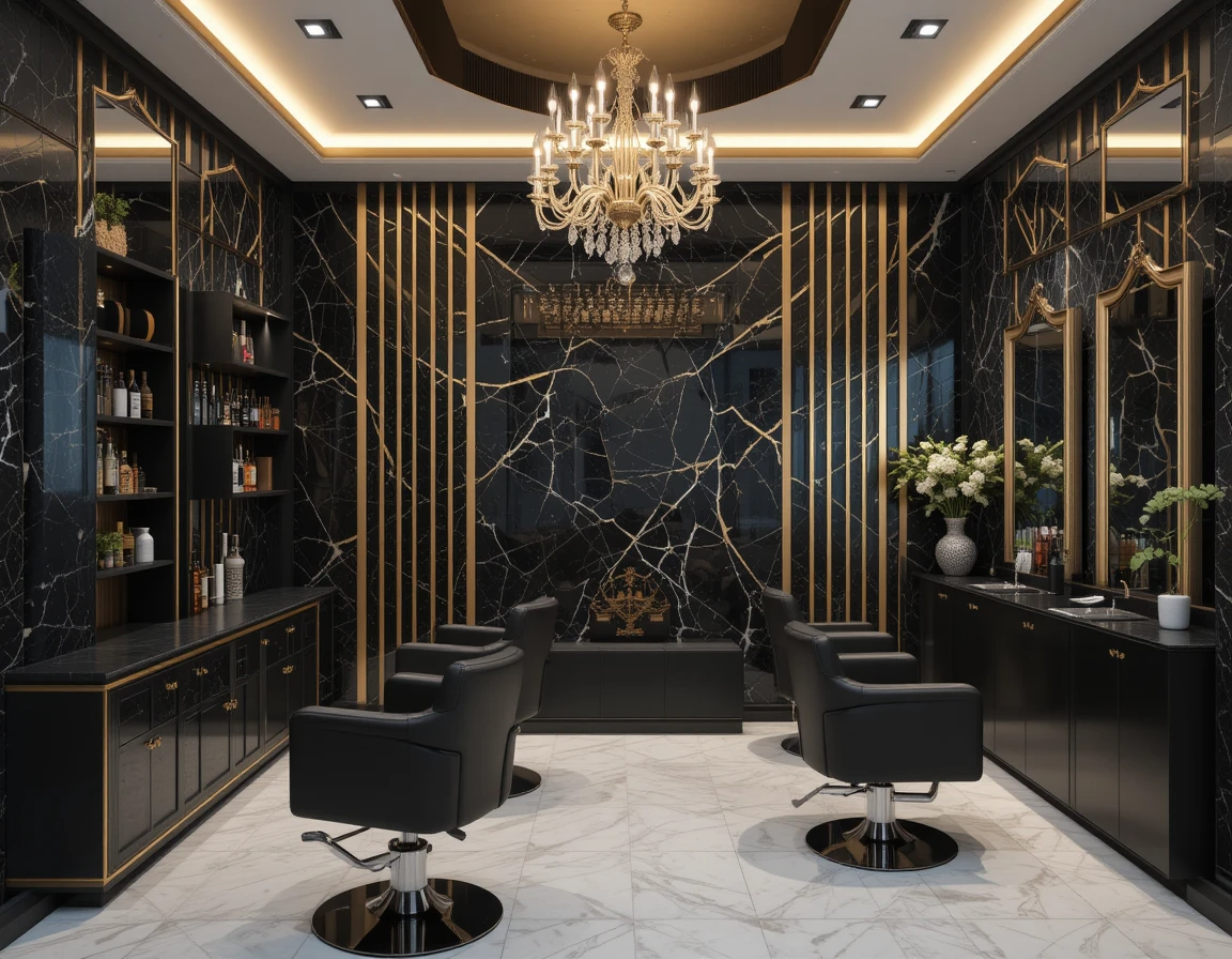 دکوراسیون سالن زیبایی با ترکیب سنگ مشکی و نوارهای طلایی روی دیوار