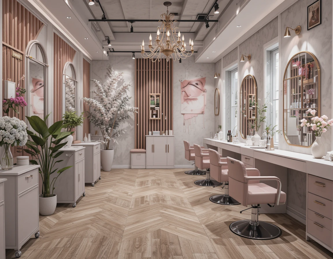 دکوراسیون سالن زیبایی با ترکیب صورتی پاستلی ، خاکستری و سفید