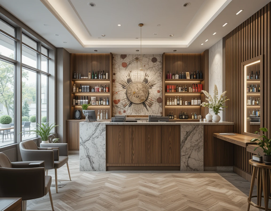 دکوراسیون سالن زیبایی با ترکیب چوب و سنگ در کانتر پذیرش