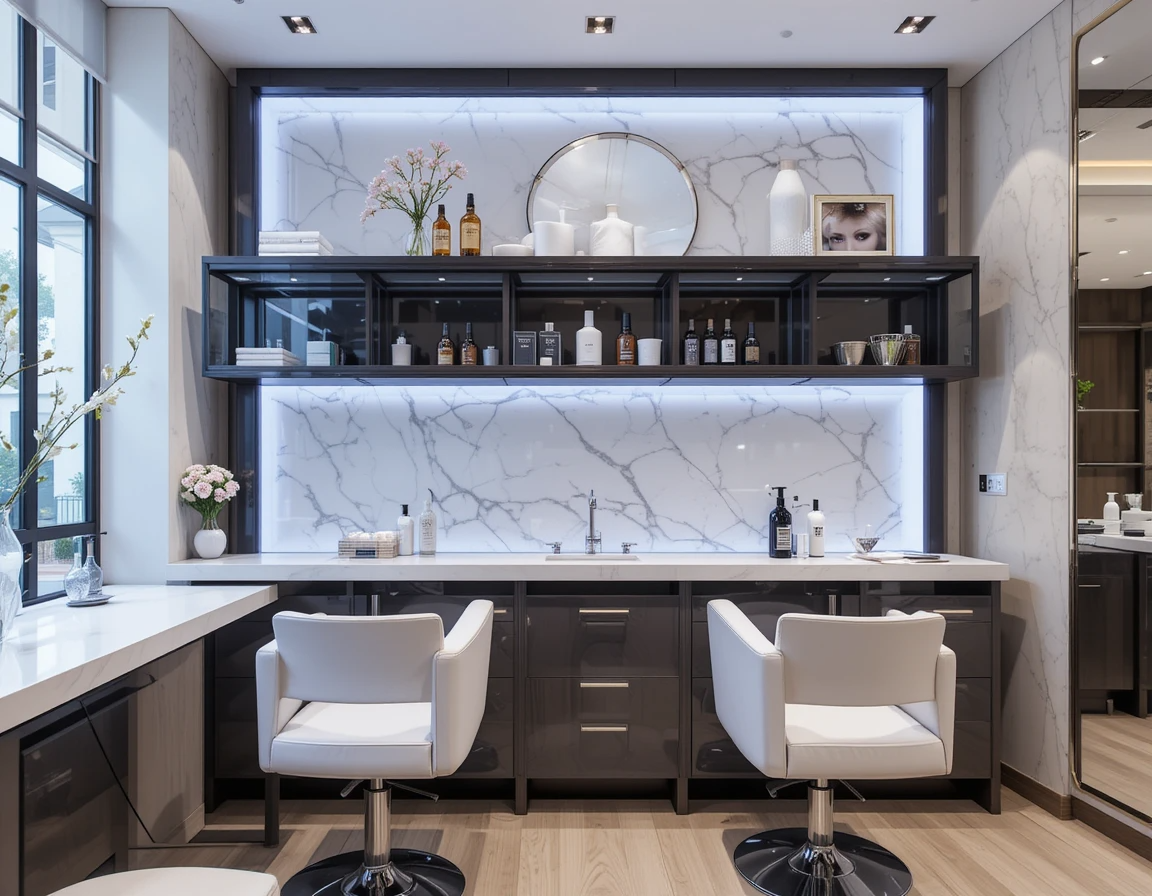 دکوراسیون سالن زیبایی مدرن با ام دی اف براق برای قفسه ها