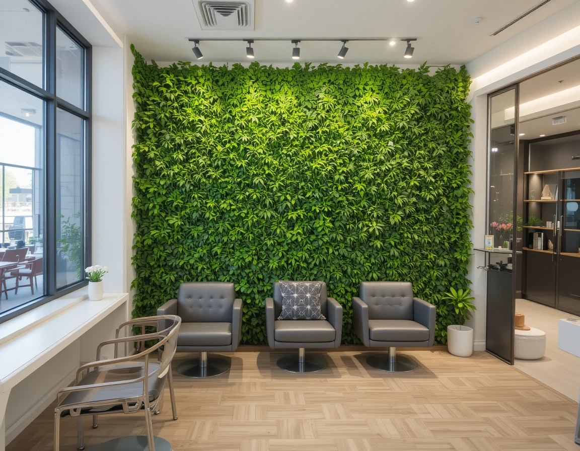 دکوراسیون سالن زیبایی مدرن با دیوار سبز در فضای انتظار