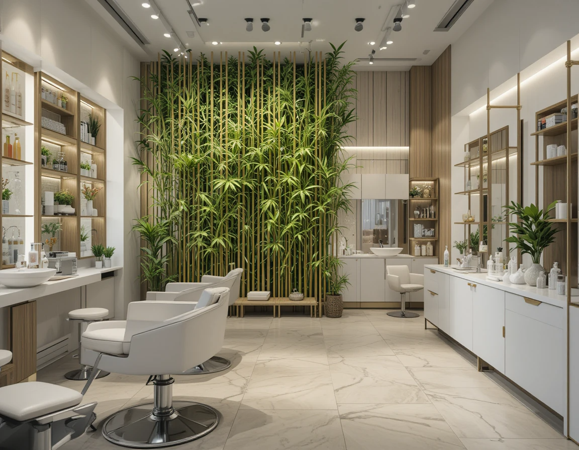 دکوراسیون سالن زیبایی مدرن با گیاه بامبو