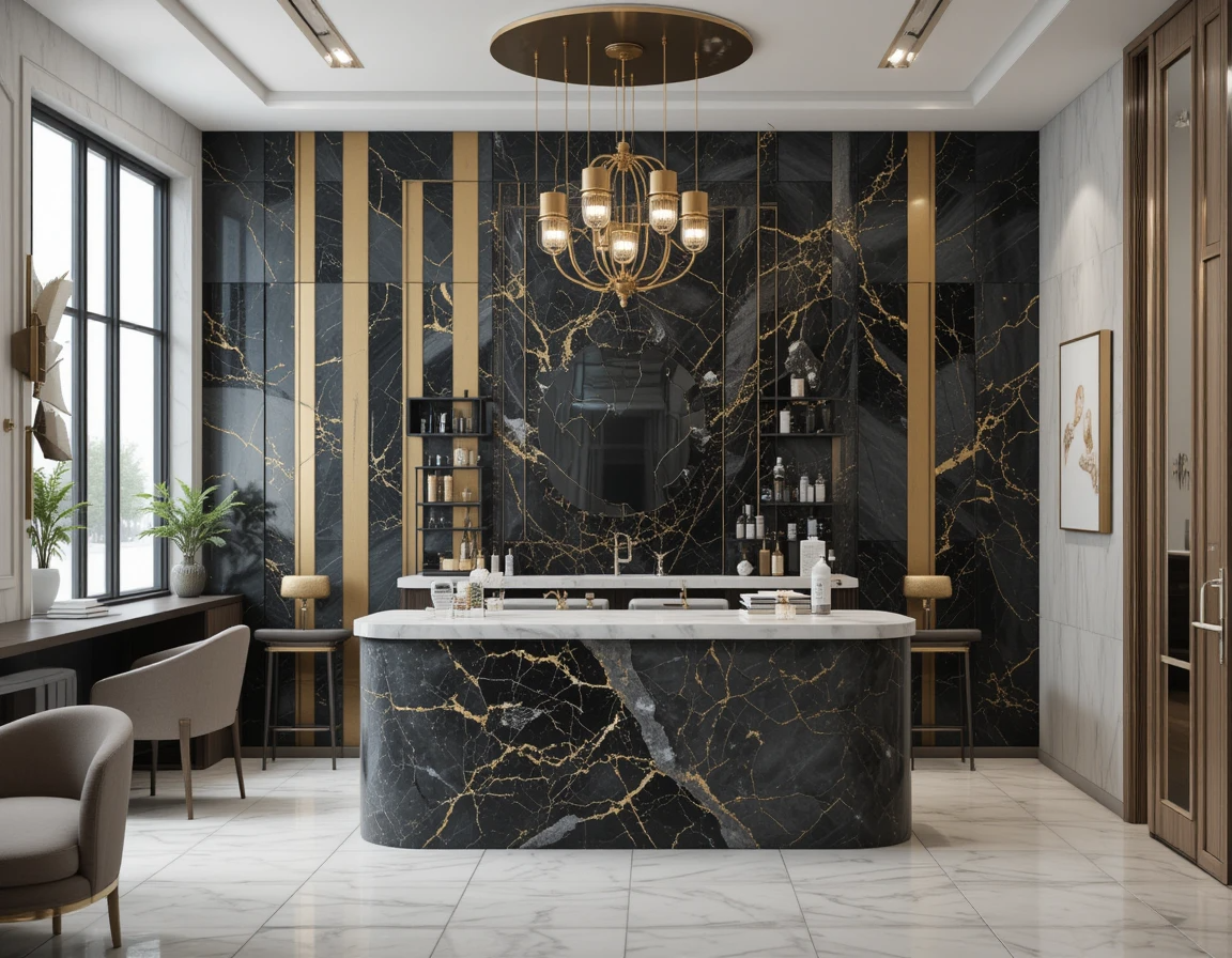 کانتر پذیرش سالن زیبایی با ترکیب سنگ مشکی و نوارهای طلایی