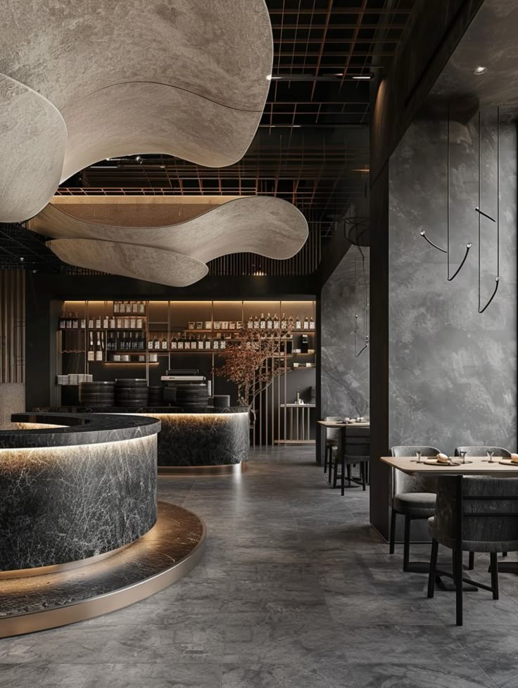 طراحی کافه رستوران مدرن با تم تیره و نورپردازی مخفی