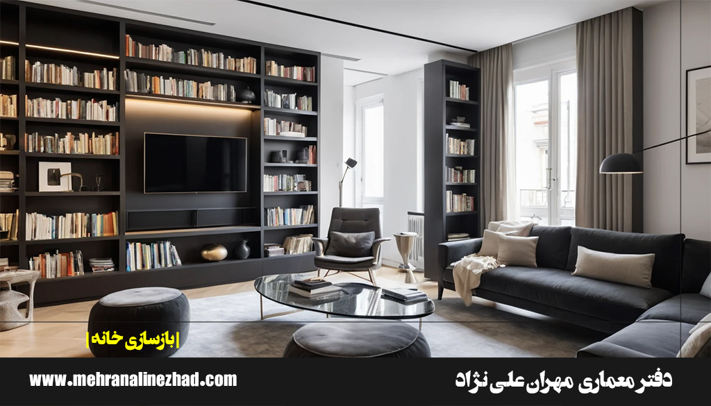 تلفیق کتابخانه و تی وی وال در بازسازی خانه