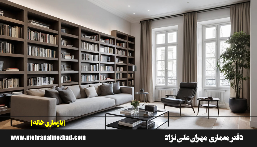 مبلمان مینیمال به همراه کتابخانه سرتاسری