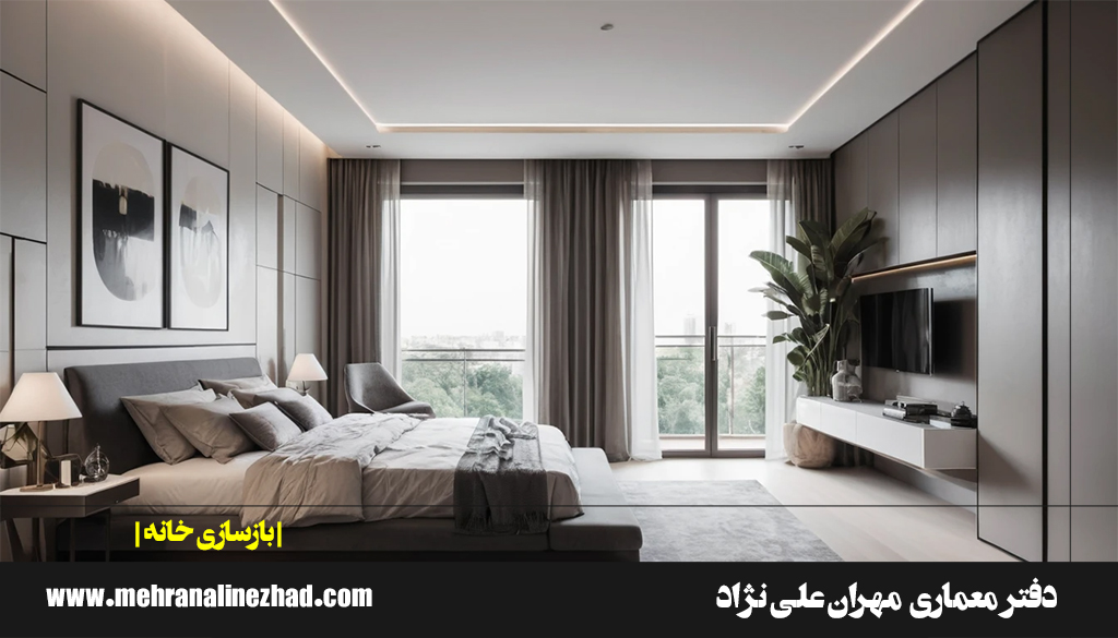 طراحی اتاق خواب مینیمال با تی وی وال